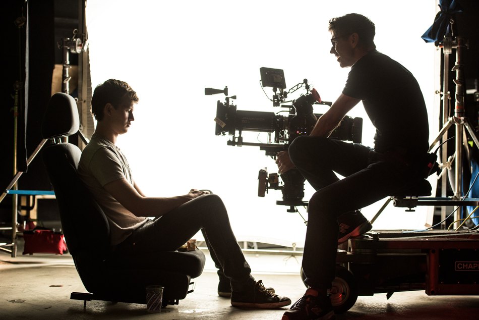 Cinematographer Bill Pope gets a close up shot of Ansel Elgort, behind the scenes of Baby Driver