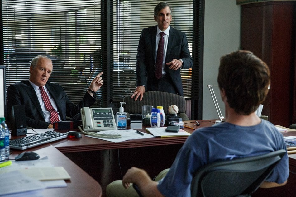 Christian Bale talking to investors during a scene of The Big Short